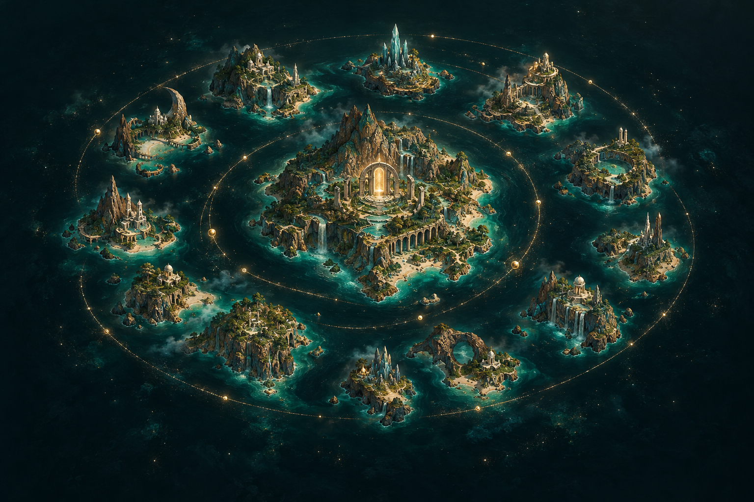 An imagined archipelago of carved islands and golden doorways in a midnight teal sea.